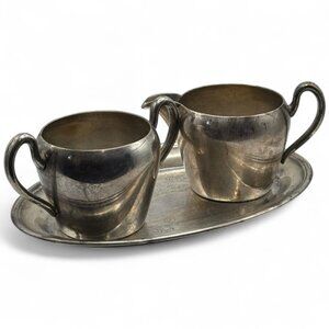 Antique Silverplate Creamer & Sugar Set On Tray With Patina